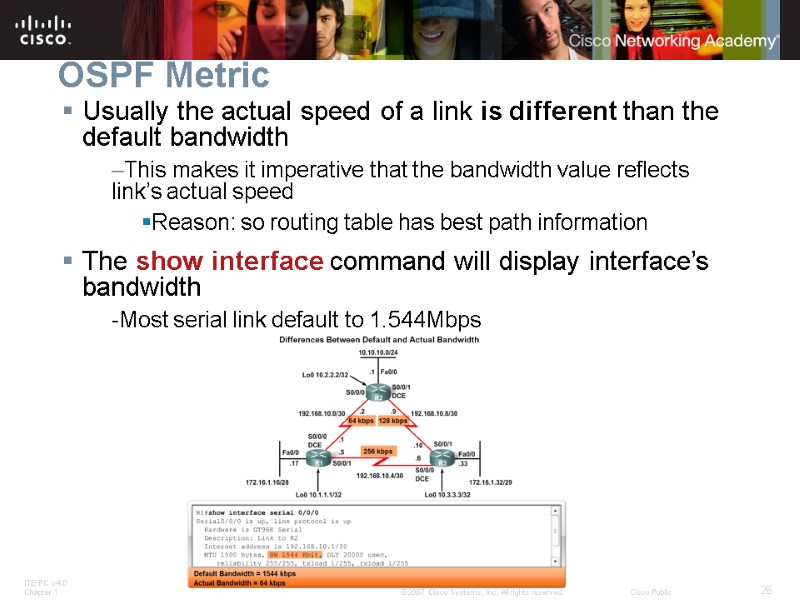 OSPF Metric Usually the actual speed of a link is different than the default